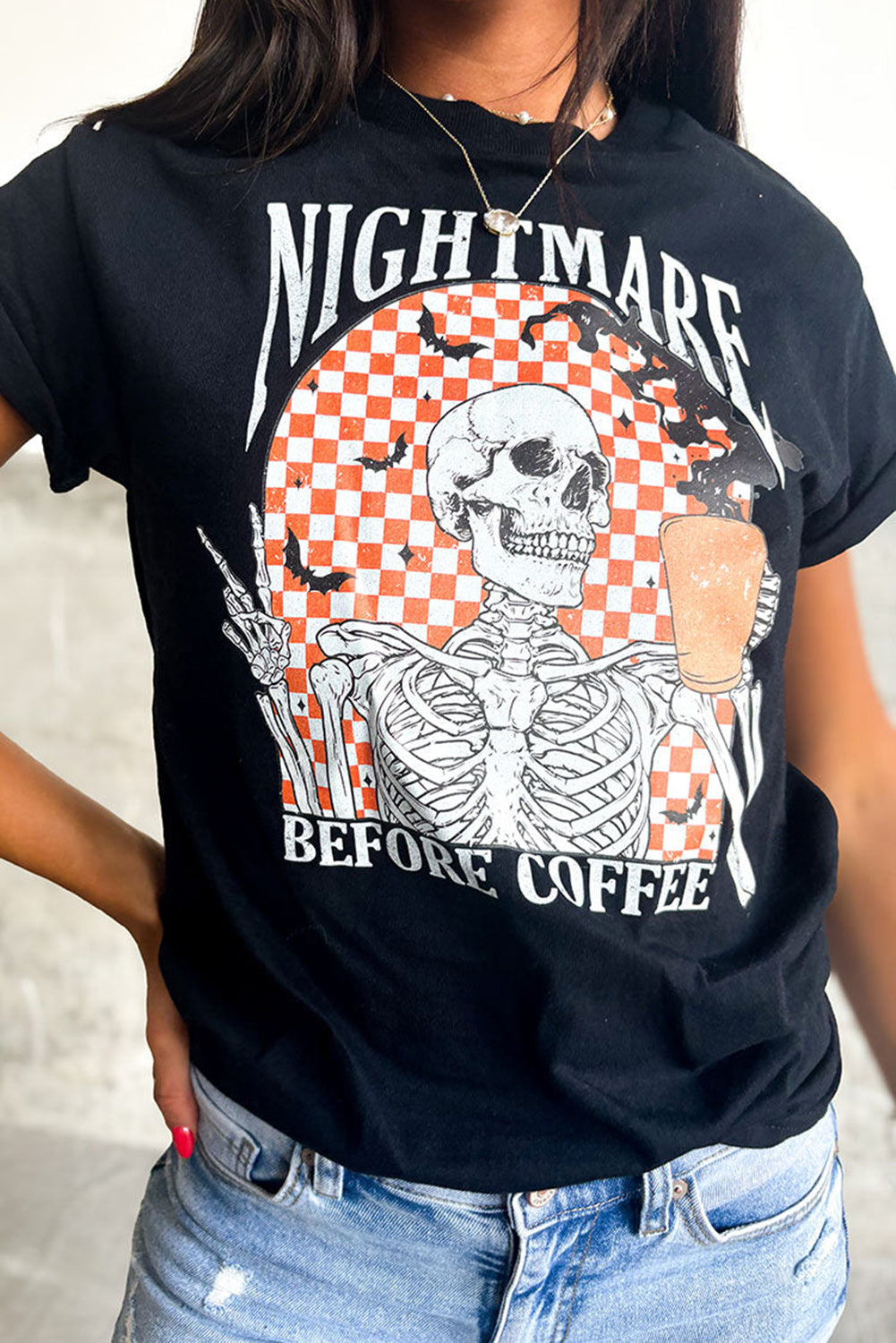Nightmare Before Coffee Skull Checkerboard Graphic Tee