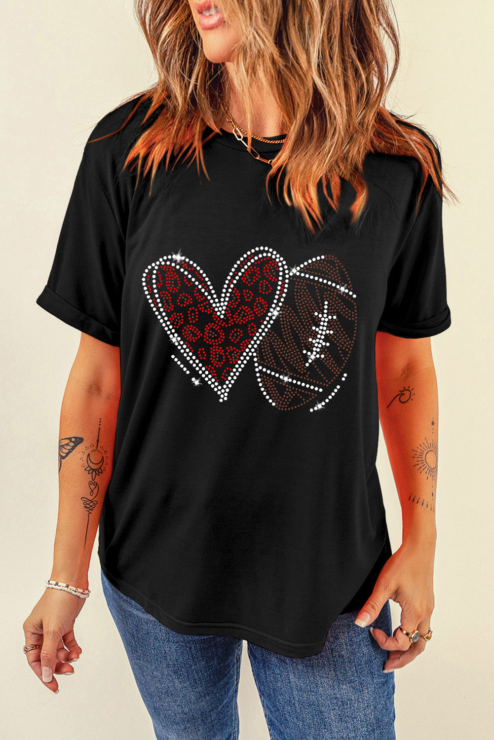 Rhinestone Football & Heart Graphic T Shirt