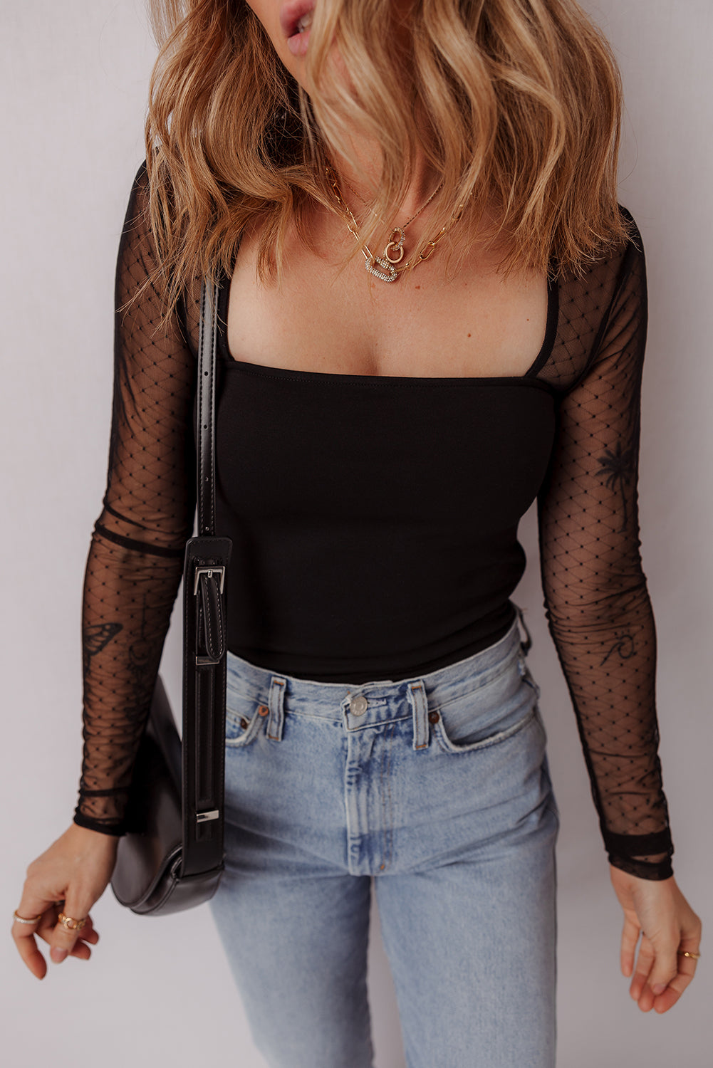 Polka Dot Mesh Long Sleeve Square Neck Bodysuit