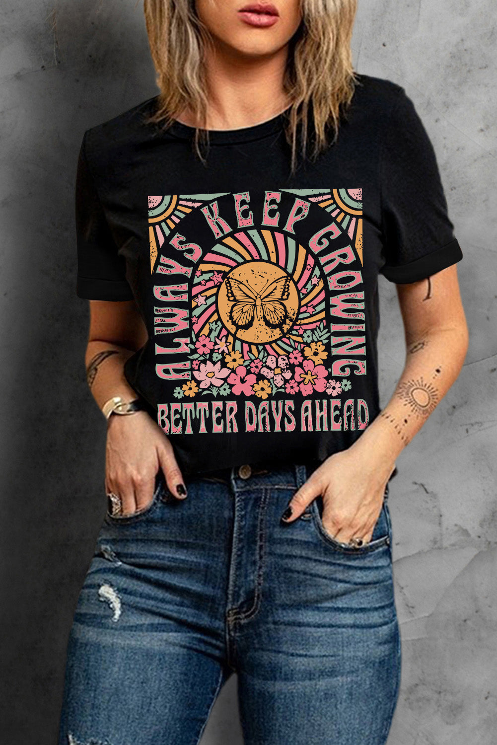 Always Keep Growing Butterfly Flower Crewneck Graphic Tee