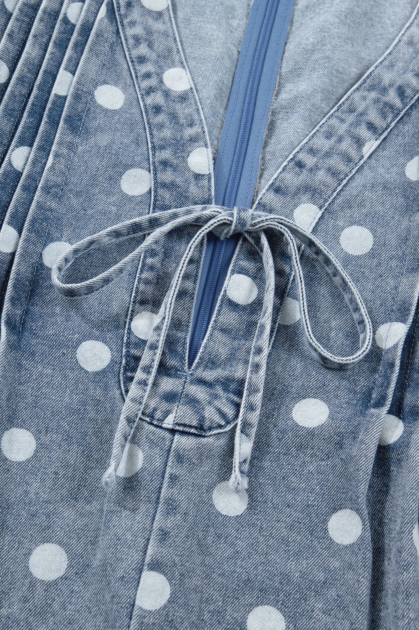 Sky Blue Polka Dot Print Tie V Neck Pleated Loose Denim Romper