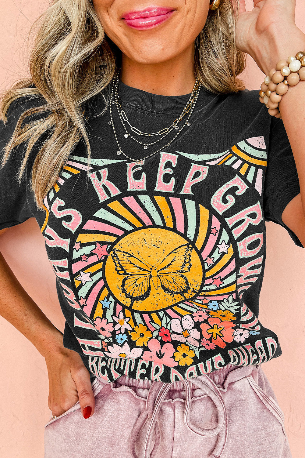 Always Keep Growing Butterfly Flower Crewneck Graphic Tee