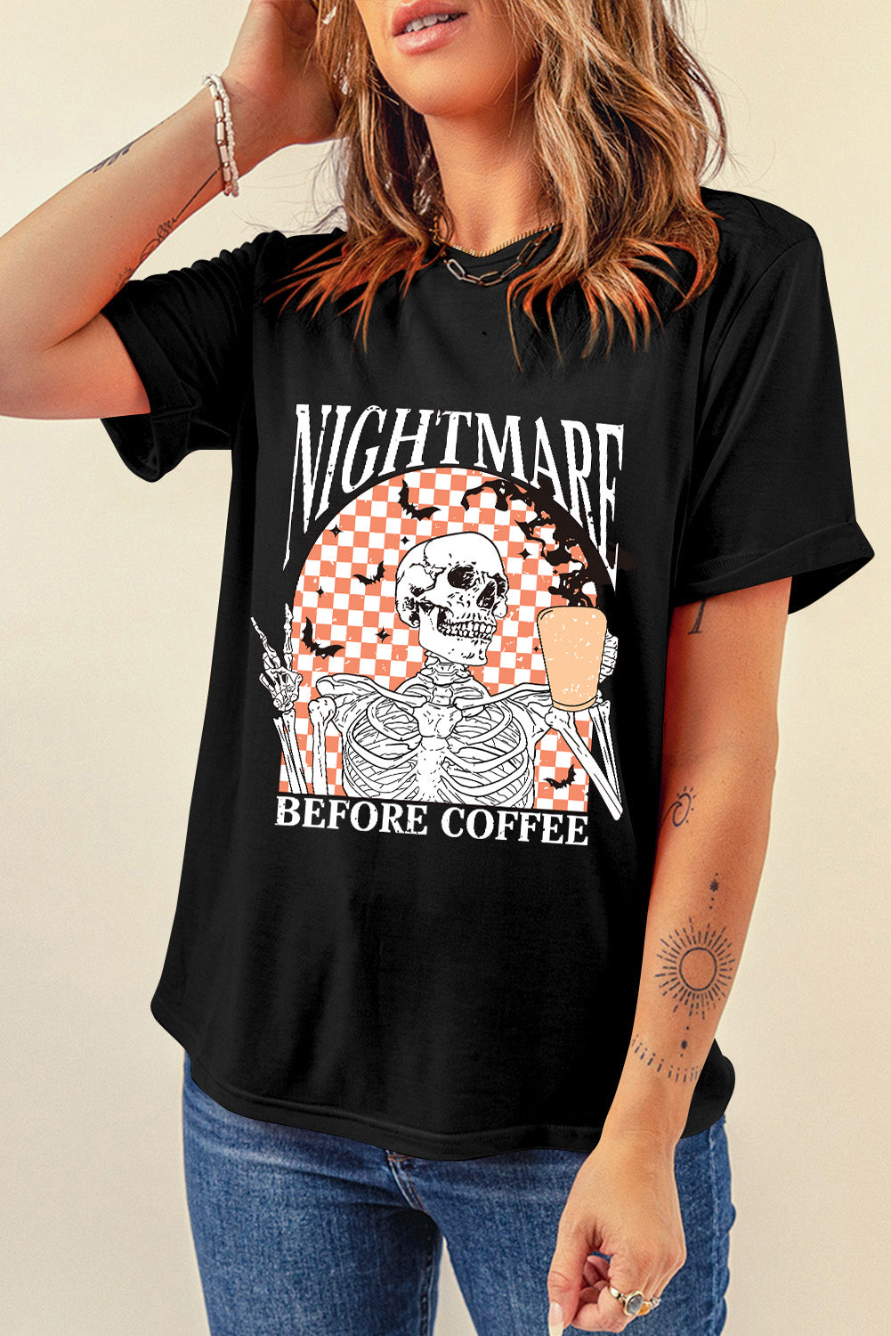 Nightmare Before Coffee Skull Checkerboard Graphic Tee