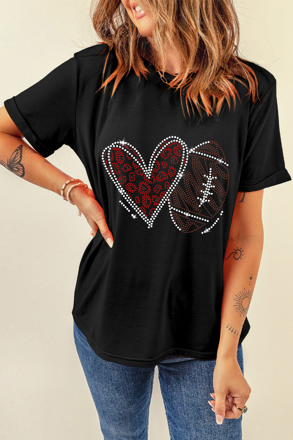 Rhinestone Football & Heart Graphic T Shirt