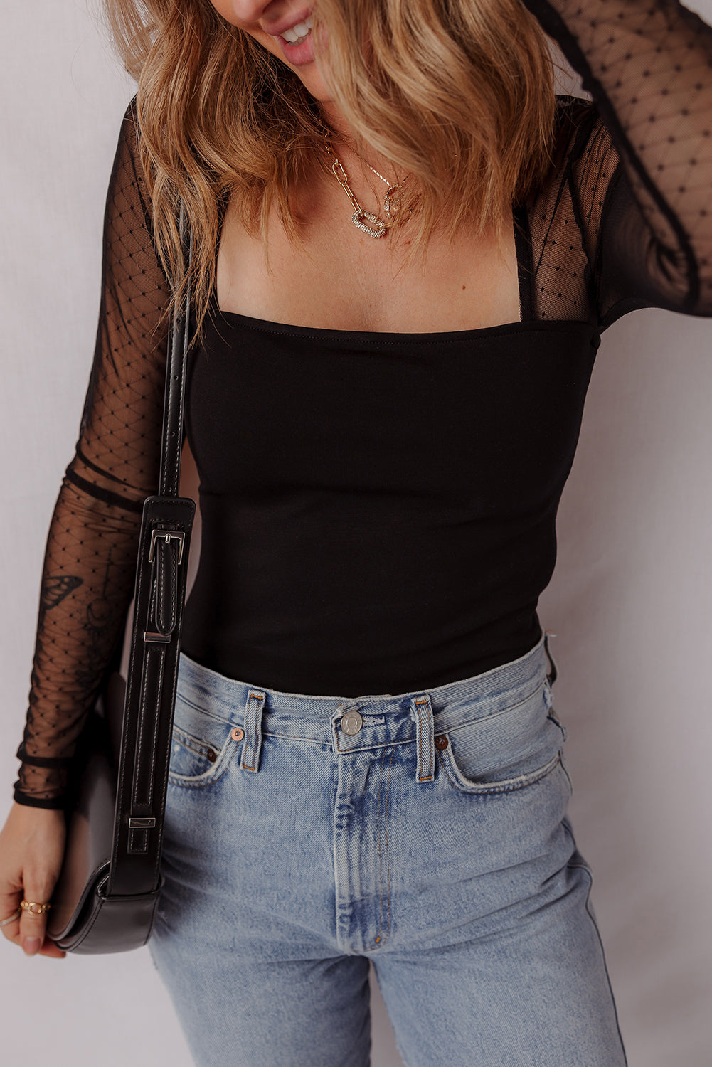 Polka Dot Mesh Long Sleeve Square Neck Bodysuit