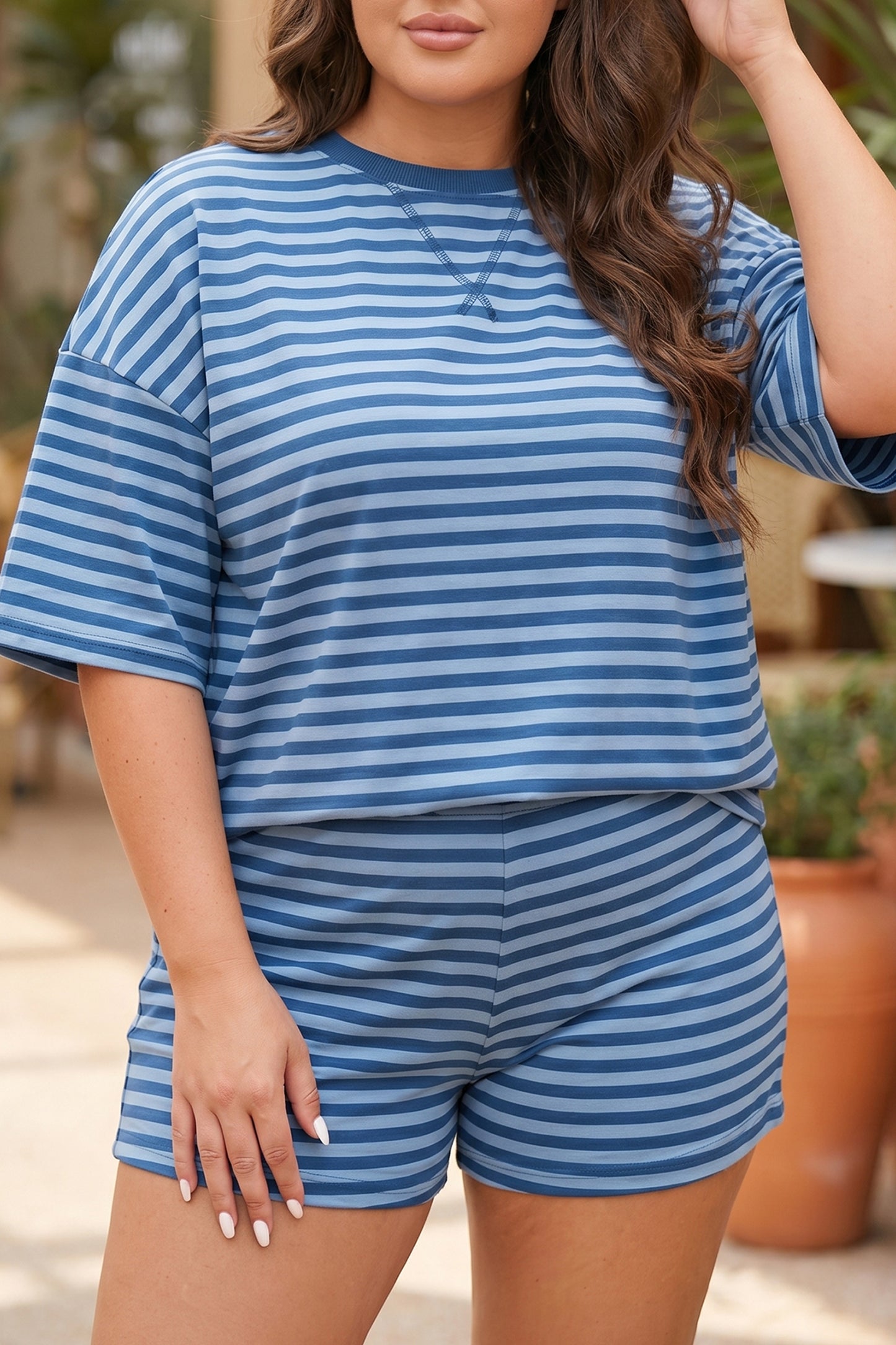 Plus Size Dropped Shoulder Tee and Shorts Two-Piece Set