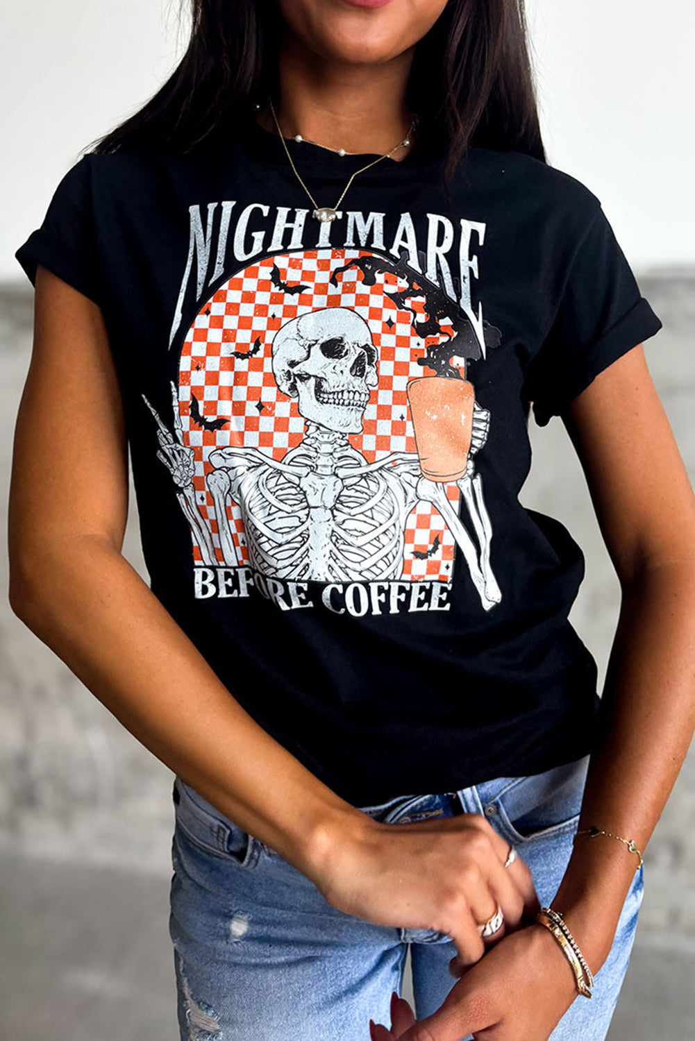 Nightmare Before Coffee Skull Checkerboard Graphic Tee