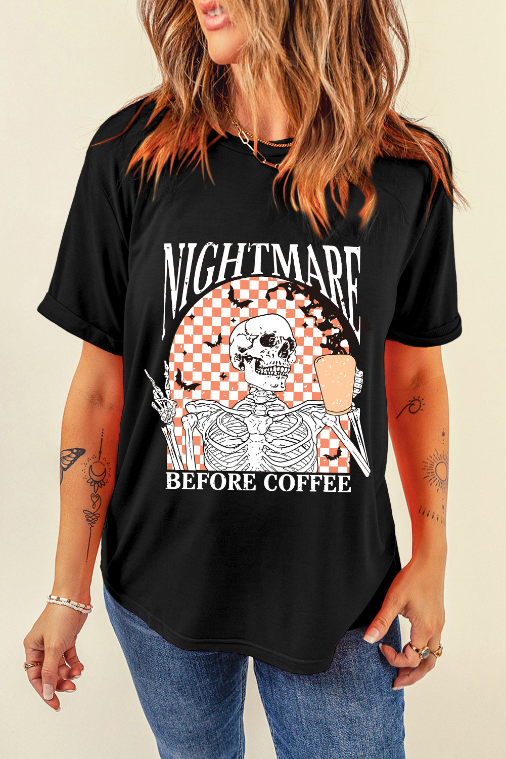 Nightmare Before Coffee Skull Checkerboard Graphic Tee