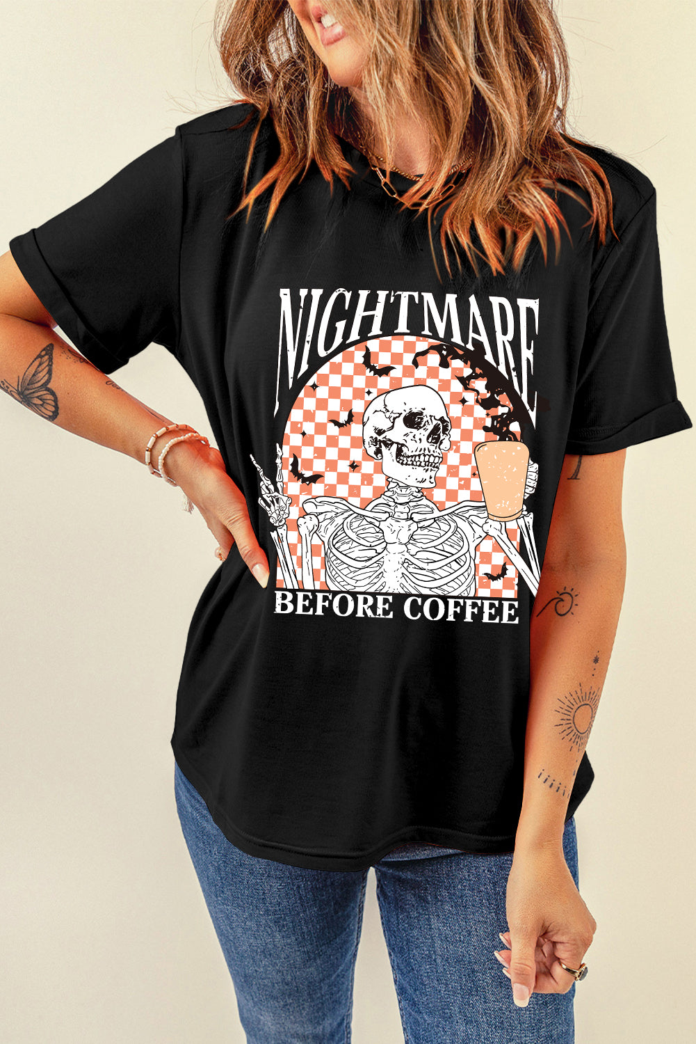 Nightmare Before Coffee Skull Checkerboard Graphic Tee