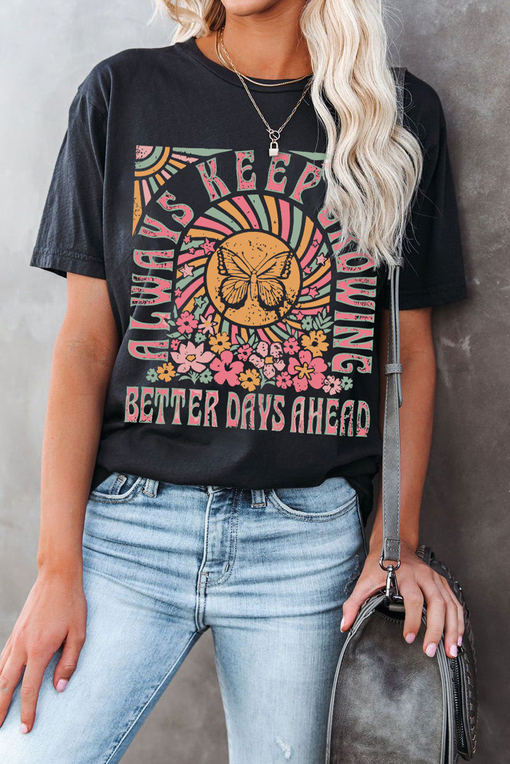 Always Keep Growing Butterfly Flower Crewneck Graphic Tee