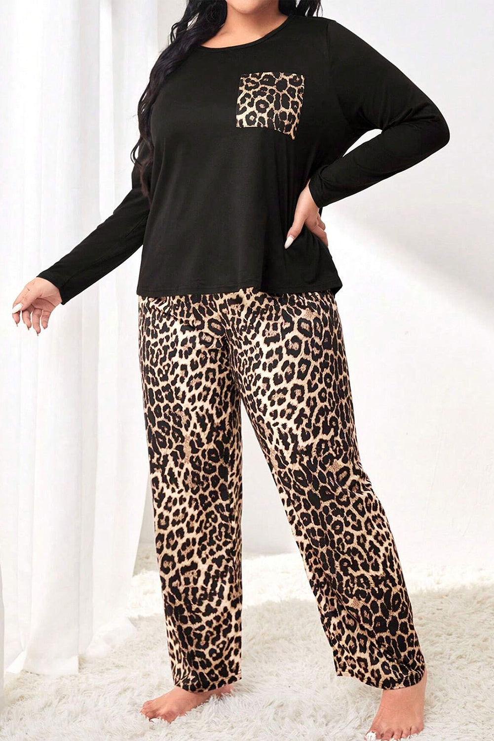Leopard Patched Pocket Plus Size Pants Set