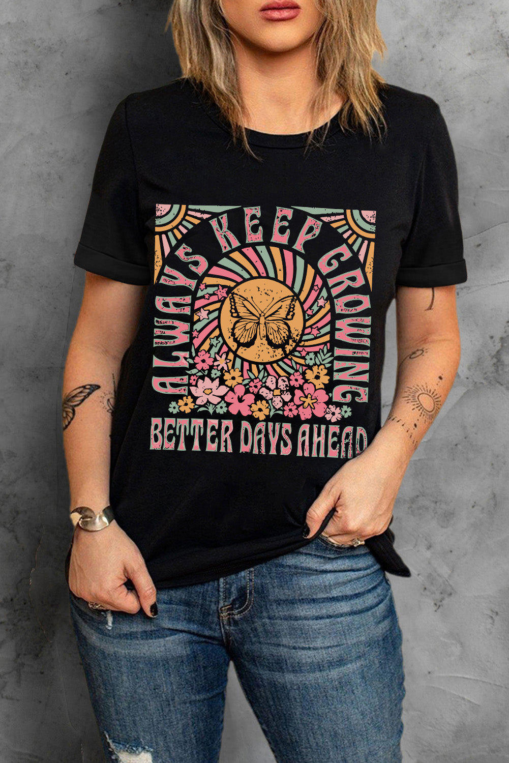 Always Keep Growing Butterfly Flower Crewneck Graphic Tee