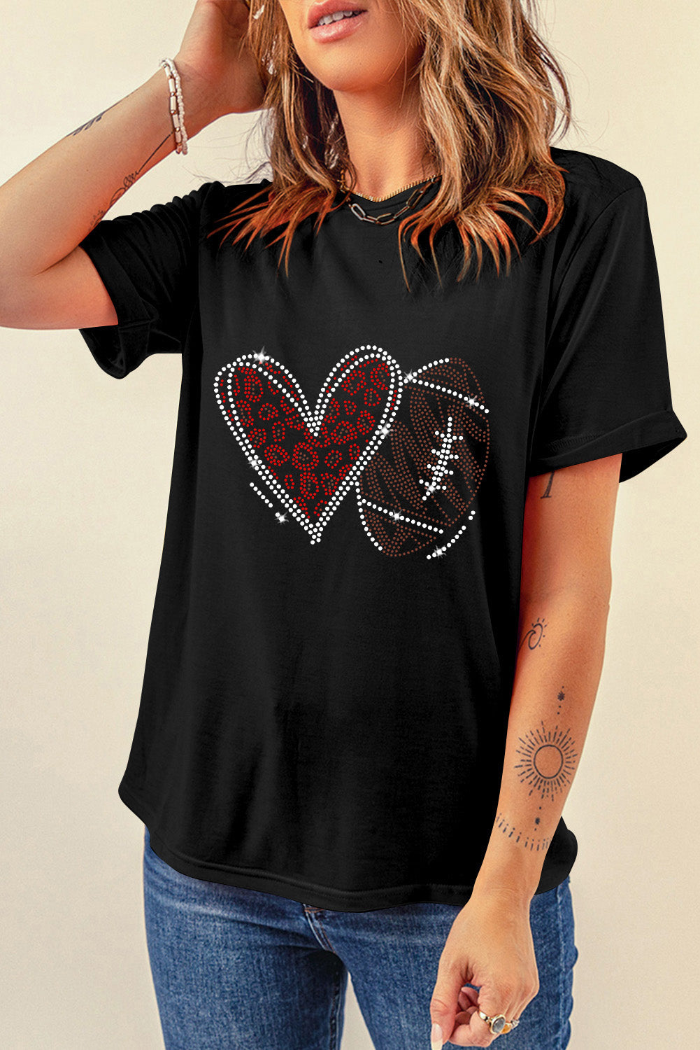 Rhinestone Football & Heart Graphic T Shirt